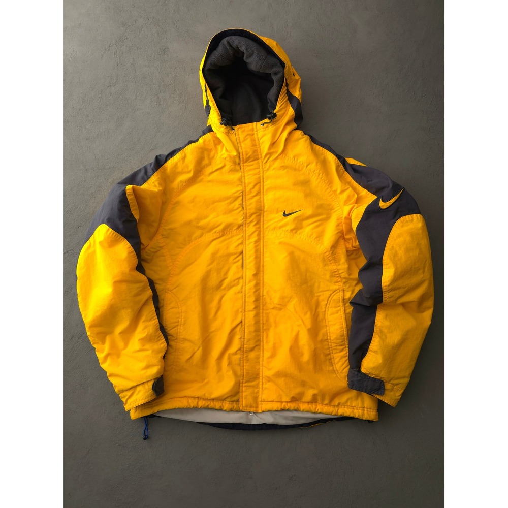 Vintage 90s Nike Hooded Puffer Jacket L Yellow Navy Blue Swoosh Nike